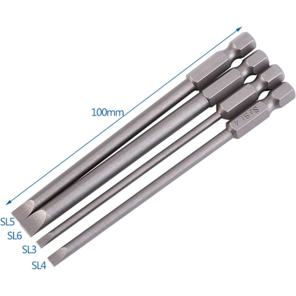 4 stk. 100 mm magnetiske skruetrækkerbits - S2 legeringsstål, 1/4 sekskantet skaft