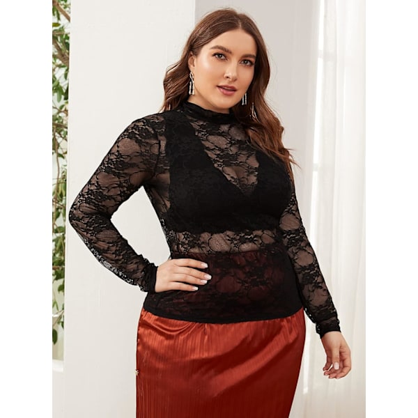 Kvinners Plus Size Blomstermønster Mock Neck Sheer Mesh Tee Shirts Topp