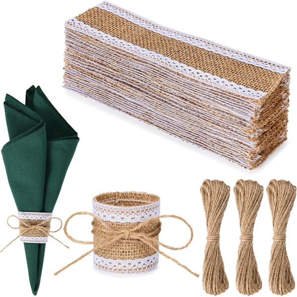 100 st spetsburlap-ringar, festliga servettringar i jute, gör-det-själv-bröllopsdekoration för