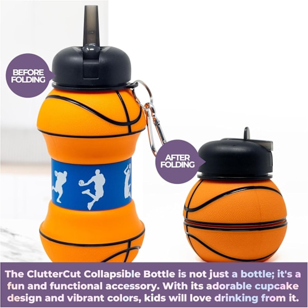 Hopfällbar vattenflaska för barn - Basketbolldesign BPA-fri silikon | Läcksäker för sport, skola, utomhus (355 ml)