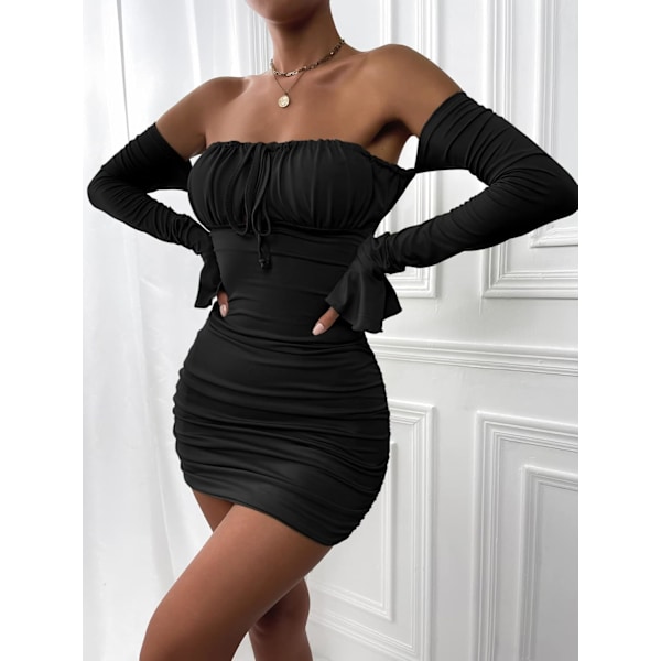 Kvinners Sexy Off Shoulder Bodycon Minikjole Lang Ermet Halterneck Ruched Slinky