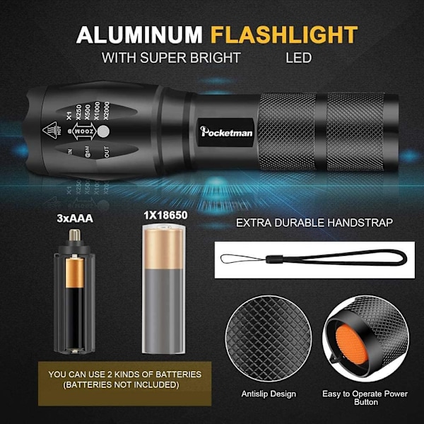 Taktisk LED Ficklampa 2-pack - Zoombar Fokus & 5 Lägen | IP65 Vattentålig för Inomhus/Utomhus