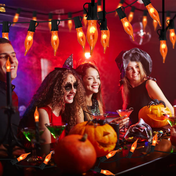 Halloween-lys flimrende flammelyskæde med 12 stk. C7 orange flammepærer (2 reserve), 12,8 fod orange flammelyskæde til indendørs