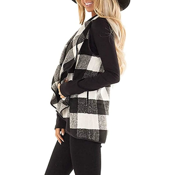 Dame Vest Lapel Åben Front Buffalo Plaid Ærmeløs Cardigan Jakke Frakke med