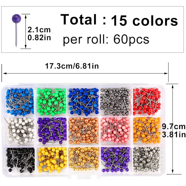 Kartnåler i flere farger - Runde kartnåler i 15 forskjellige farger (900 stk, 1/5 tommer)
