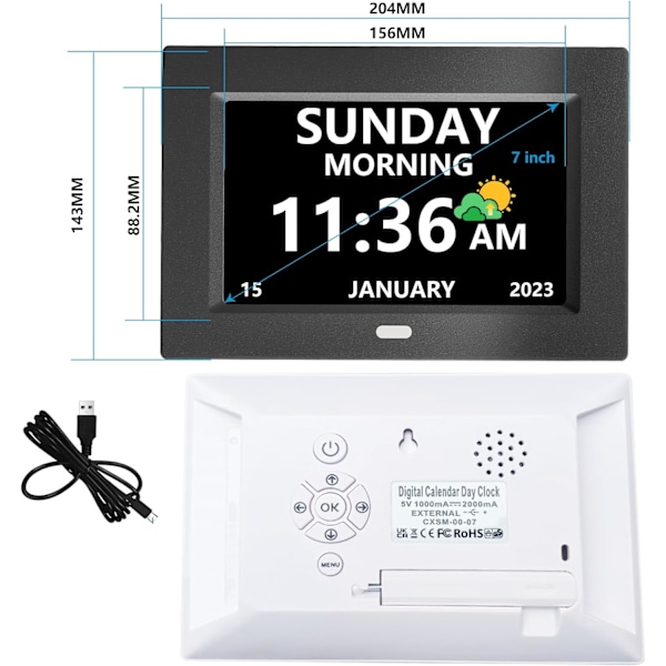7-tommers digital klokke med dag og dato for eldre med Alzheimers demens klokke Tilpassbare alarmer og medisinpåminnelser 3 visningsmoduser Stor