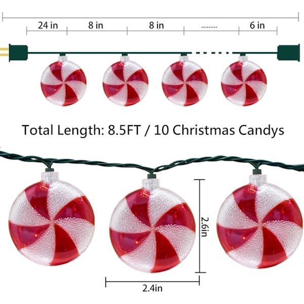 Candy String Lights, 8.5Ft Fun String Lights med 10 runde slikkepindlys, røde søde sukkerlys til indendørs udendørs hjem soveværelse terrasse Halloween