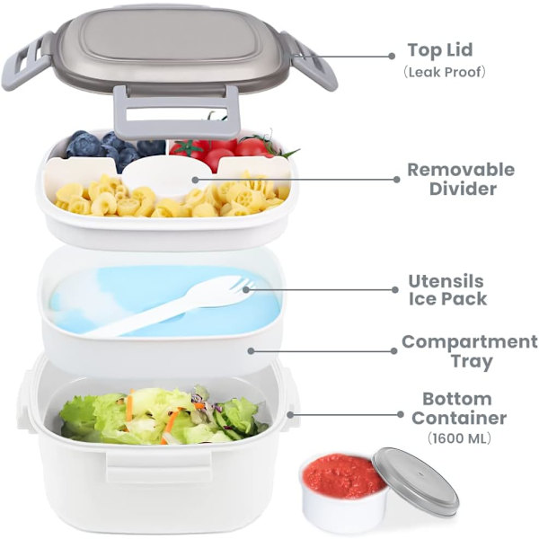 Lunsjboks 1600ML. Bentoboks med 3 rom og bestikk. Gjenbrukbar