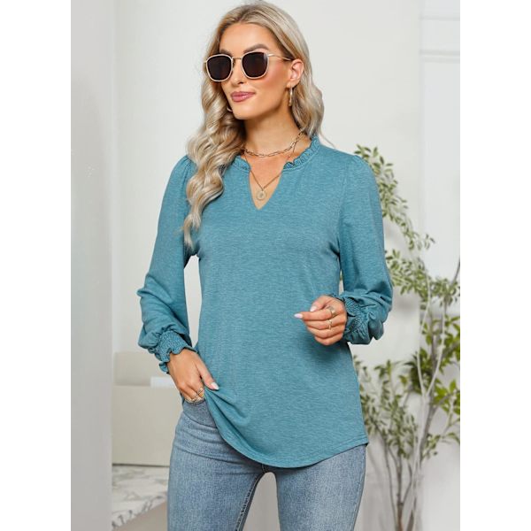 Kvinners Puff Langærmet T-skjorte Kjole Casual Ruffle V-hals Topper Bluse