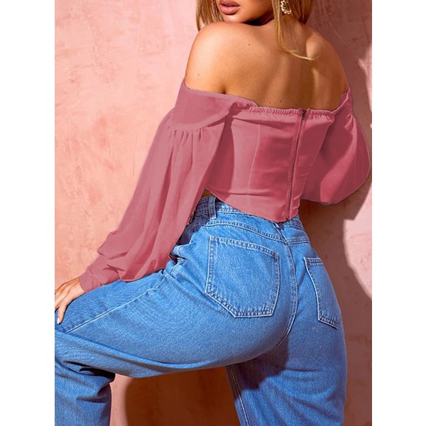 Kvinnors off shoulder genomskinlig ärm korsett topp dragkedja tillbaka