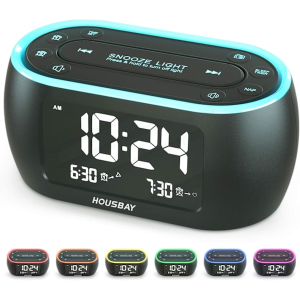 Glow Liten väckarklockradio för sovrum med 7-färgad nattlampa, dubbelalarm, dimmer, USB-laddare, baery-backup, naptimer, FM-radio med svart