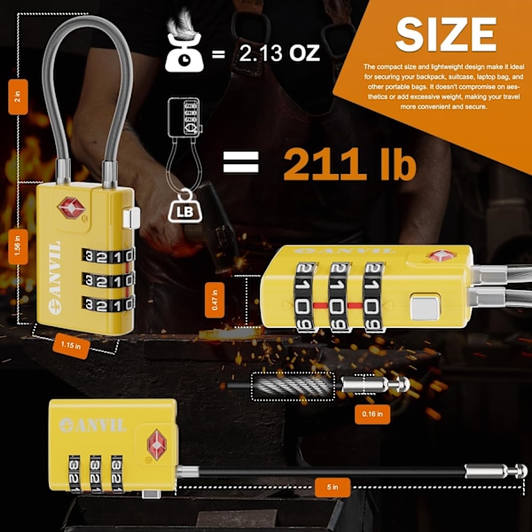 TSA-godkjente kabellåser for bagasje, 3-sifret kombinasjonslås med sinklegering og stålkabel, ideell for reiseskoffert, ryggsekk,