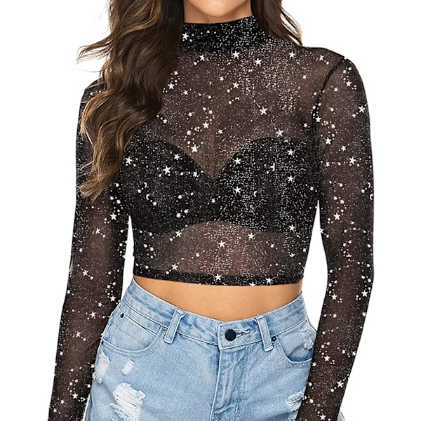 Kvinners kort ermet lang ermet gjennomsiktig mesh crop tops t-skjorte bluse