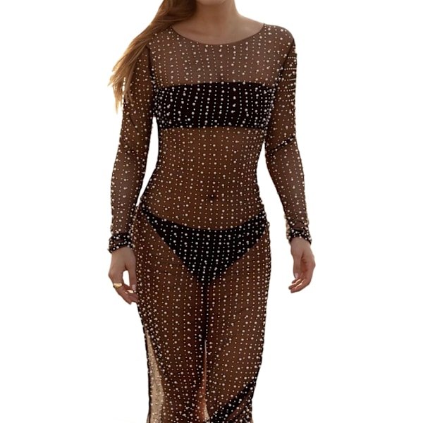 Gennemsigtig Mesh Perle Rhinestone Cover Up Kjole - Strand Badetøj Bikini Cover Ups