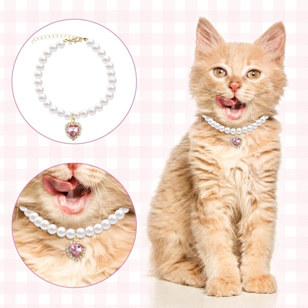 2 stk Jente Hund Perle Halskjede Katt Halsbånd med Rhinestone Hjerte Kjæledyr Smykker Tilbehør Bryllup Halsbånd for Katter Valp Små Hunder Kjole Tilbehør