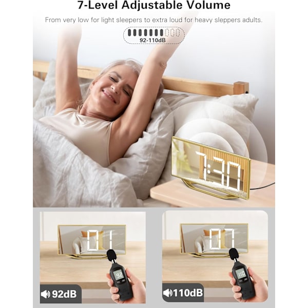 Superhøj alarmur med sengevibrator til tunge sovende og digitalt spejlur til soveværelset, stort LED-display med 2 USB-opladere