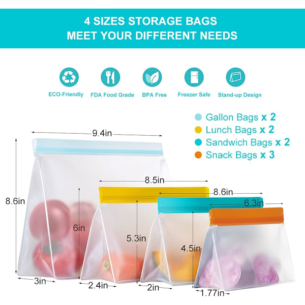 Återanvändbara matförvaringspåsar med stativ, 9-pack Ziplock återanvändbar frys