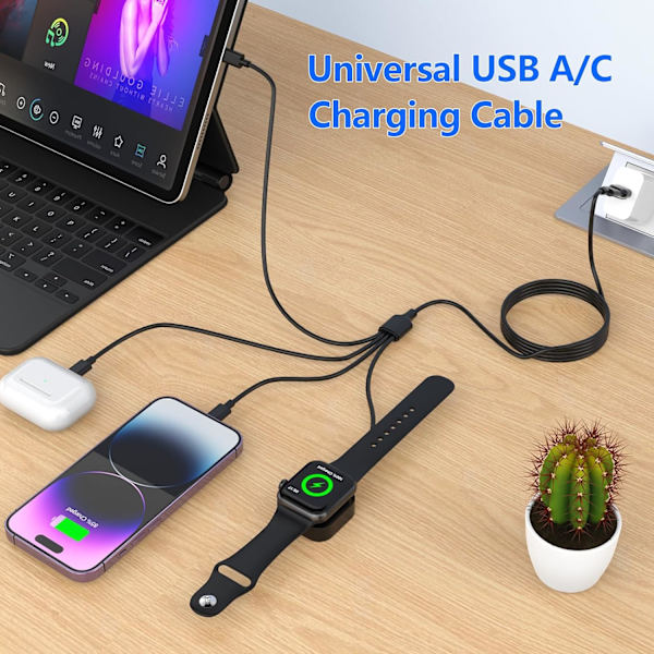 6-i-1 multiopladerkabel til Apple Watch-oplader, 10FT USB A/C hurtigopladningskabel kompatibel med iWatch Ultra/SE/9/8/7/6/5/4/3 & iPhone