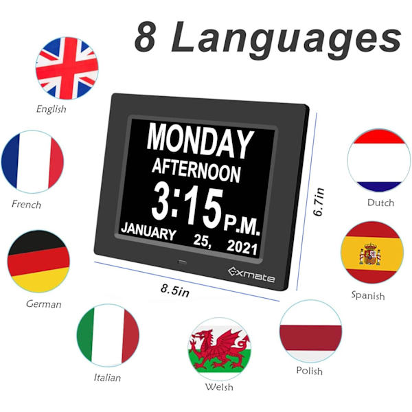 Digital kalenderlarm dagklocka, 8\" dagklocka kalender stor skärmdisplay, med 13 larmalternativ snooze-funktion för äldre, visuell röd,
