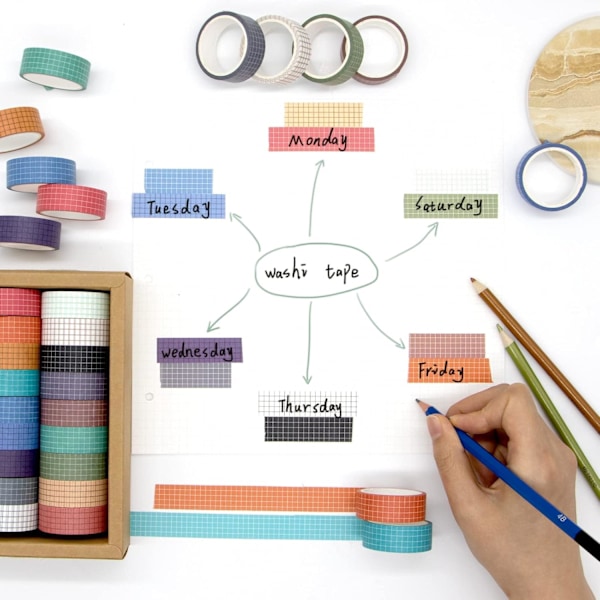 Färgglad rutnät Washi Tape Set - 18 rullar för DIY-dekor