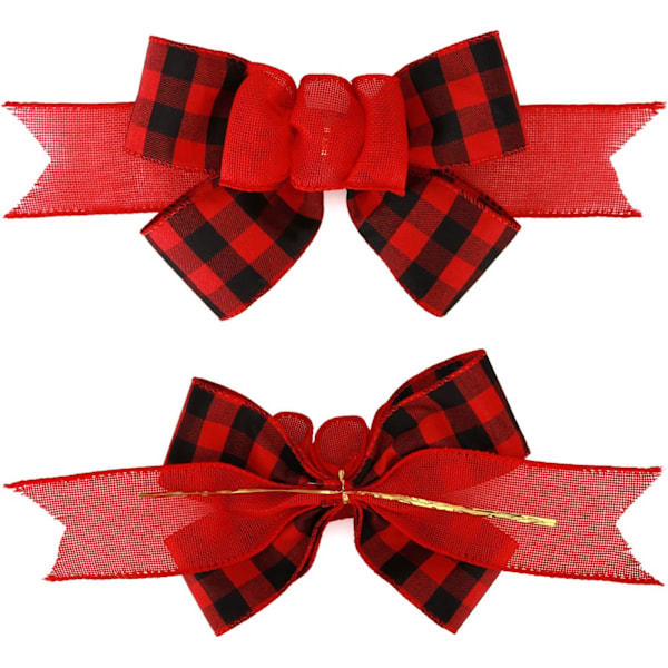 2 stk. Sort og rød Buffalo Plaid kablet bånd Håndlavet forhåndslavet Burlap buer