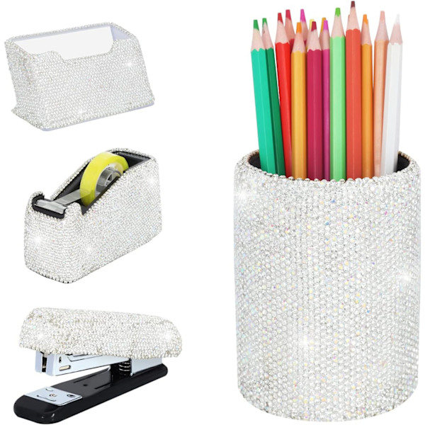 Bling Crystl Luxury  Dimond Round ncil n Pot Holder & Stpler & Crd Holder & Desktop T Disnser Office Sttionery Kit for Fshion White