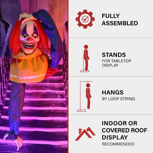 Haunted Hill Farm Pop-Up Talking Clown Head med Light-Up Eyes, Touch-Activated Animatronic för Scary Tabletop Dekoration, Creepy 14\" Clown