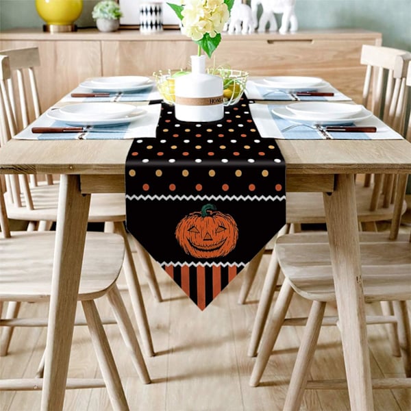 Halloween-bordslöpare i pumpa-polka-stil, orange randigt chevron-mönster, perfekt för fester och sammankomster, läskig filmkväll