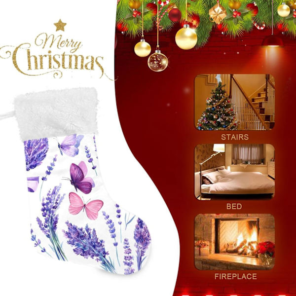 Julklapp, personliga julklappsstrumpor 2-pack lila lavendel fjäril 45,7 cm julstrumpor hängande prydnad spis för träd