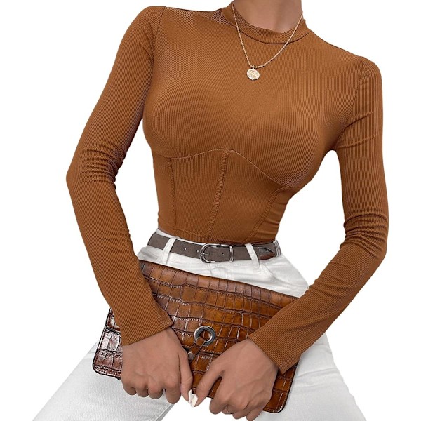 Kvinners Mock Neck Langarmet Ribbstickad Slim Fitted Crop