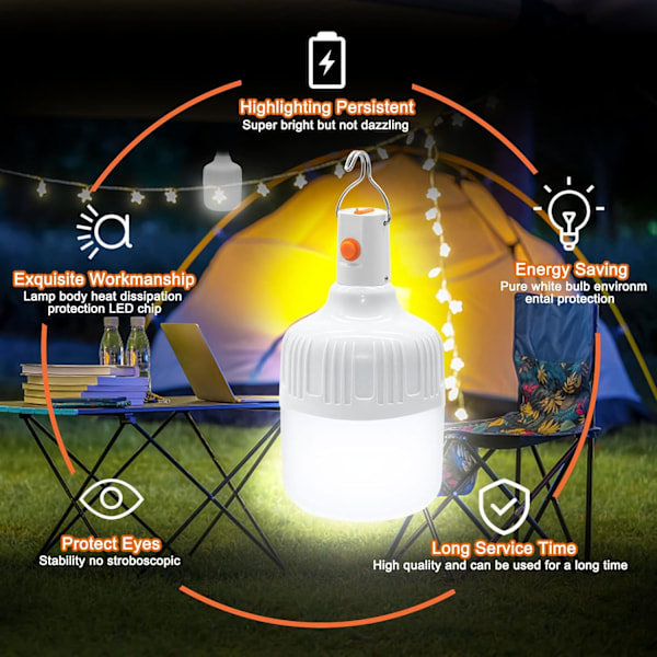 USB Camping Lanterne - 600LM 3 Mode LED | Genopladelig & Vandtæt til Udendørs Brug, Nødsituation, 2-pak