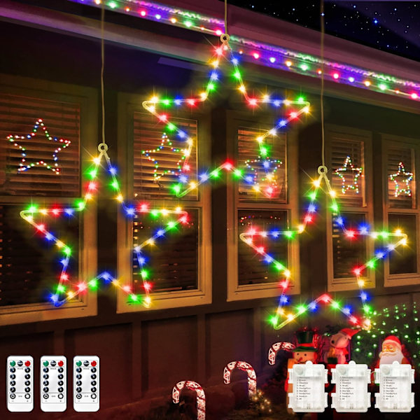 Julgransfönsterlampor 3-pack batteridrivna LED-stjärnljus 8 lägen timer