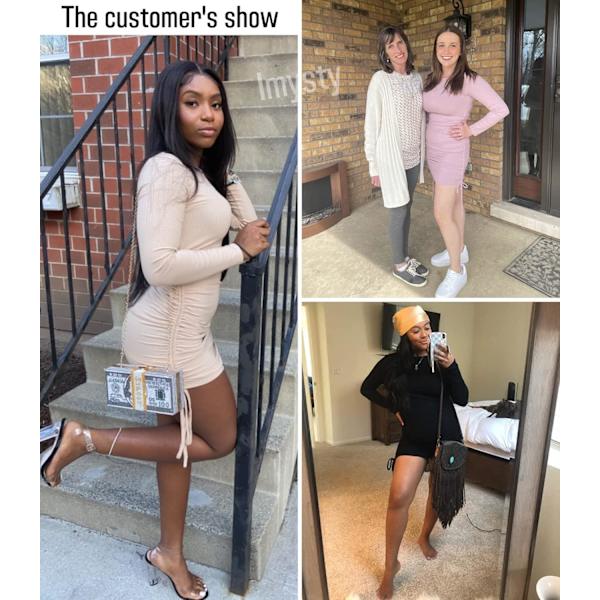 WomensRuched Mini Kjole Langærmet Snørebånd Strækbar Casual Ribbet Fest
