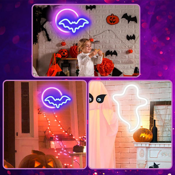 2-pack Halloween Neon Skyltar, Vit Spöke, Blå Fladdermus Fullmåne Neonljus Dekorationer, USB/Batteridriven Led Neon Skylt för Halloween Väggdekor,