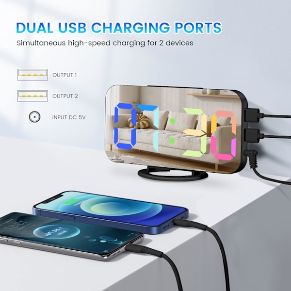 Digitalt vækkeur, stort LED-display og spejlbordur med dobbelte USB-opladerporte, 3 niveauer lysstyrke, 12/24H, moderne elektronisk ur til