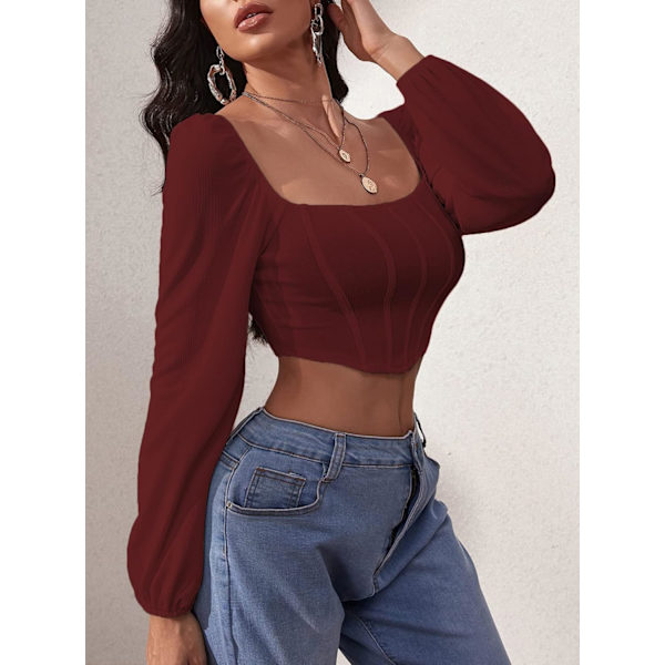 Kvinde Rib Strik Crop Top Langærmet Firkantet Hals Puff Korset Bluse