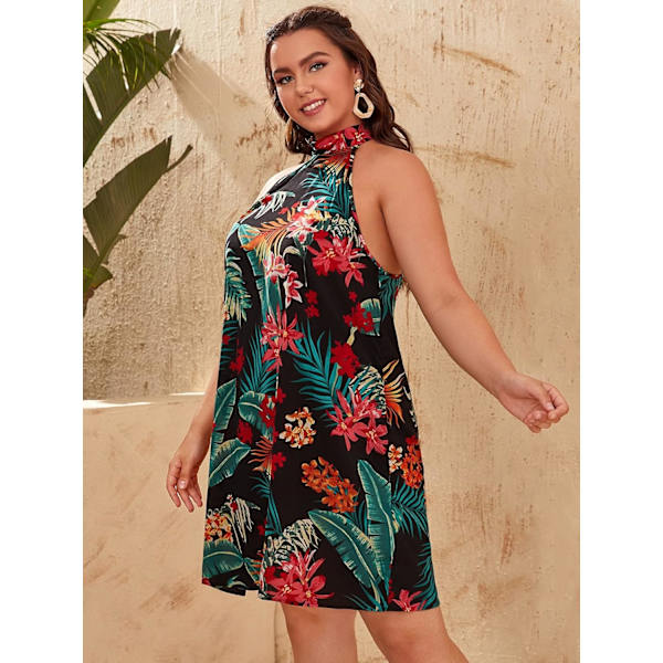 Kvinnors Plus Size Tropisk Blommig Tryck Ärmlös Knytband Halterneck Klänning