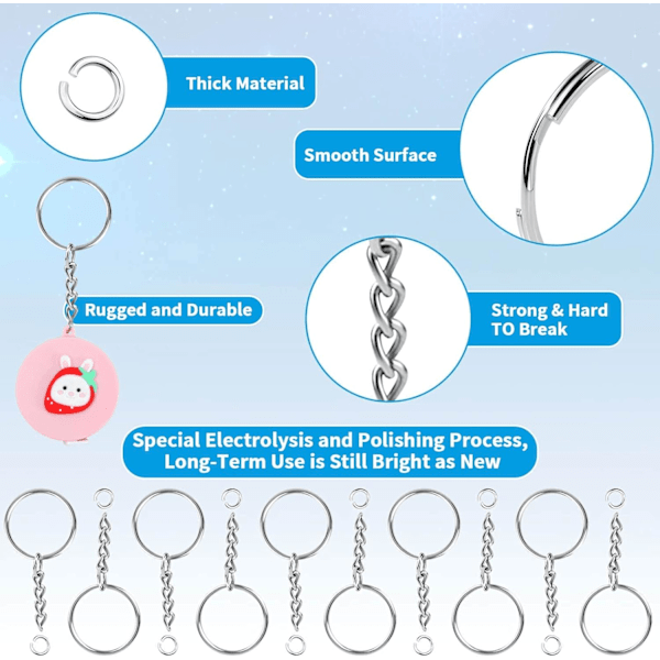 50 stk. nøkkelringer med kjede og 50 stk. åpne splittringer - Nøkkelringsett for DIY-håndverk