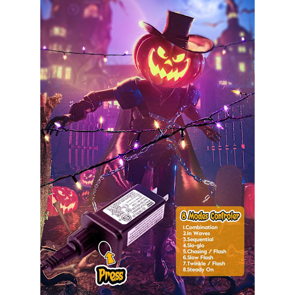 Oransje lilla utendørs Halloween-lys, 39 fot 100 LED julelys med 8 lysmoduser, vanntett minilyslenke plugg inn for hage