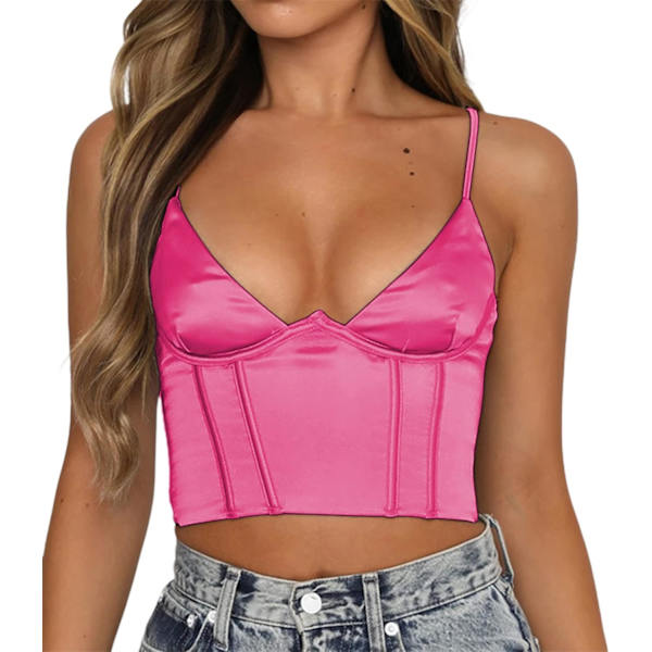 Kvinners blonder patchwork spaghetti stropp sexy V-hals crop top ribbestrikket camisole tank