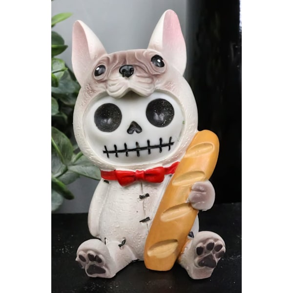 Ebros Fransk Bulldog Furry Bones med Baguette Bröd och Röd Fluga Figur 3\" Hög Furrybones Skelett Samlarobjekt Staty Valp Hund Skalle Tema