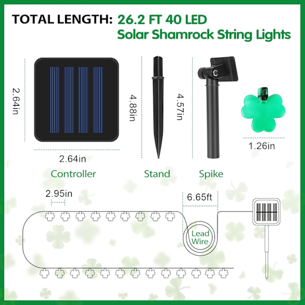 26,4 fot 40 LED solcelled shamrock-lys St Patricks Day-dekorasjoner utendørs, 8 lysmoduser grønne St Patricks Day-lyskjeder St Patricks Day grønn