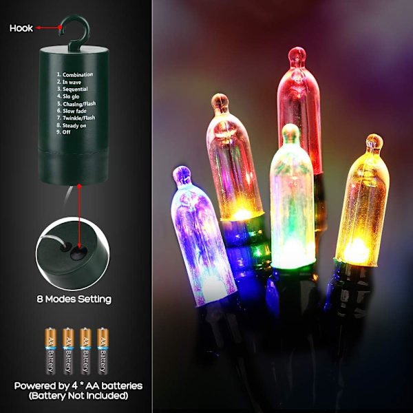 Batteridrevne julelys, 33ft 100LED batteridrevne minilys 8 lysmoduser timer vanntett for hjem, hage, fest, ferie,