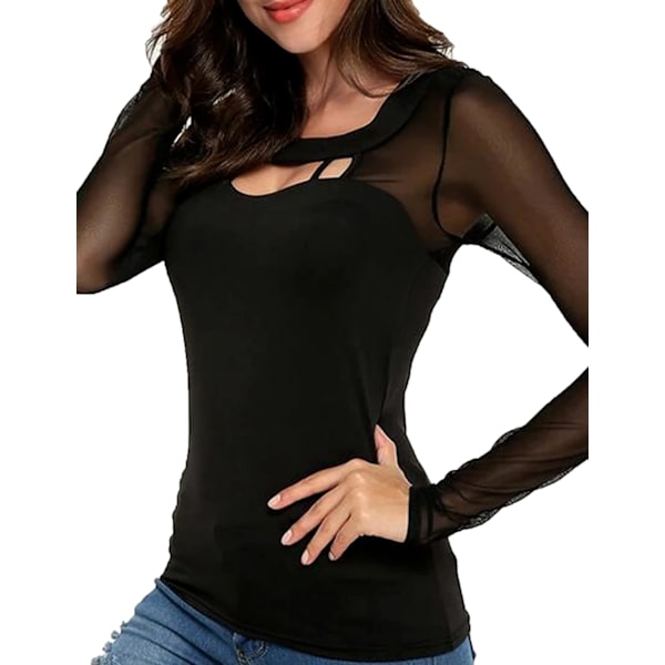 Dam långärmad mesh topp sexig genomskinlig genomskinlig blus svart mesh skjortor