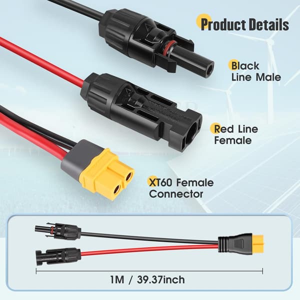 wxsp Solcellepanelkontakt til XT60-adapterkabel 1 meter 12AWG Solcellepaneler Strømkabel Ladekontakter for bærbar