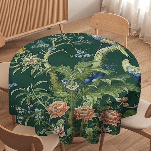 Chinoiserie Bir Flower Floral Roun Tablecloth 36x36in Aqua an Green Asian Table Cloth Roun Cover Waterproof Washable Table ecor for Kitchen Style
