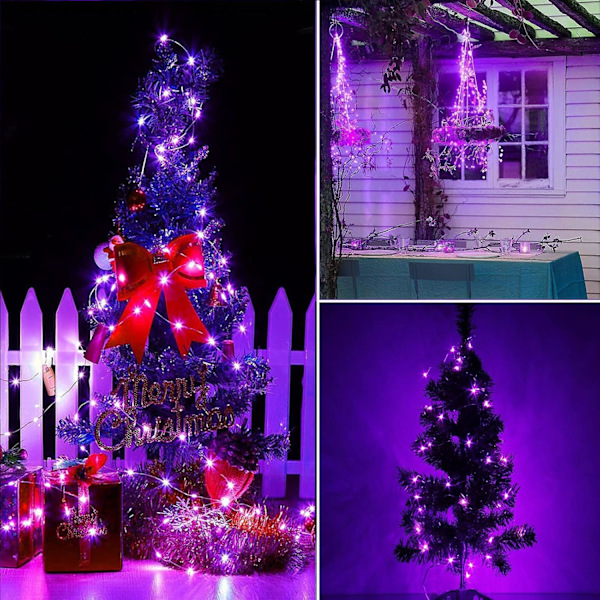 Dimbara lila älvljus med kontakt, 66 fot 200 LED-lampor med fjärrkontroll, vattentäta silvertrådslampor för jul Halloween