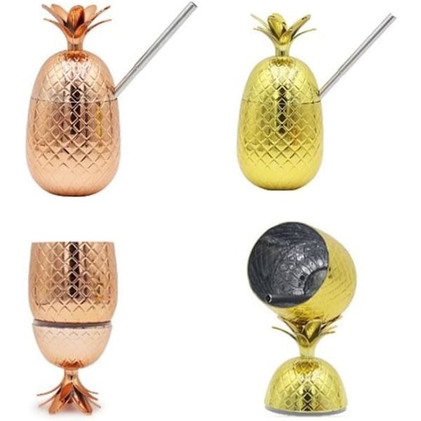 Ananas Cocktail Kop - Kobber Rustfrit Stål Drikkekop med Låg og Sugerør