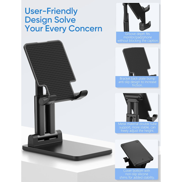 Mobiltelefonstativ Vinkel Høydejusterbar Telefonholder for Skrivebord, Sammenleggbart Telefonstativ, Kompatibelt med iPhone, iPad, Surface Pro, Bærbar Skjerm 7\"