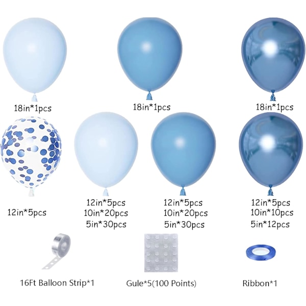 152 stk Blå Ballongbue Girlandersett med Forskjellige Størrelser Metallic